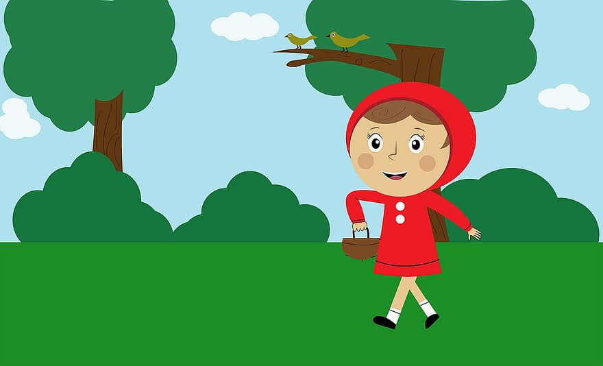 момиче, червена шапчица, карикатура, характер, хлапе, дете, поле, ливада, дървета, птици, приказка