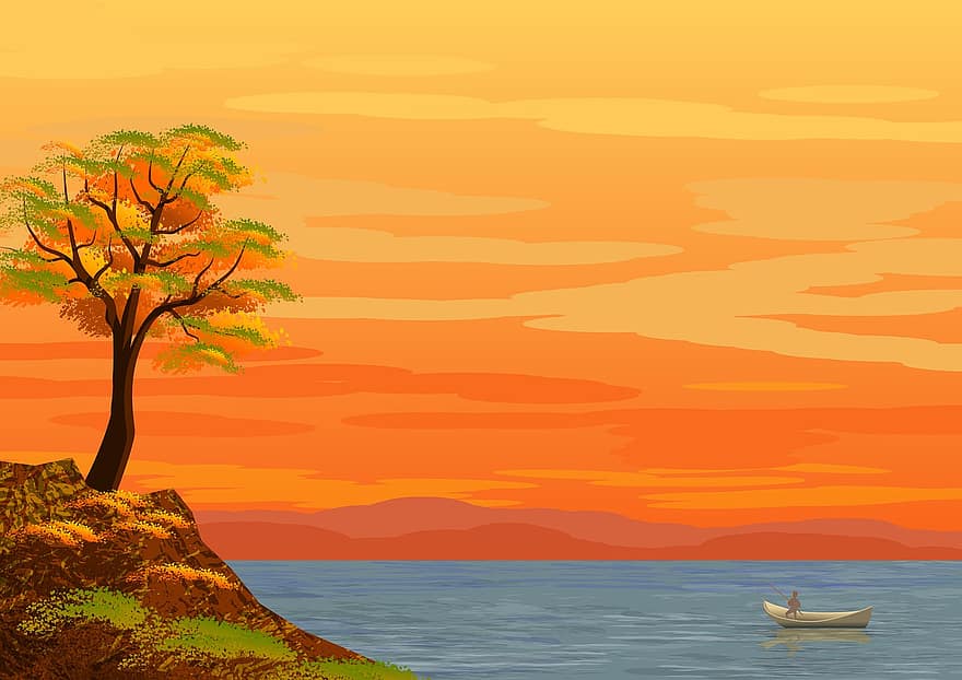 il·lustració, paisatge, fons, pescador, vaixell, mar, llac, eventide, crepuscle, posta de sol, sol