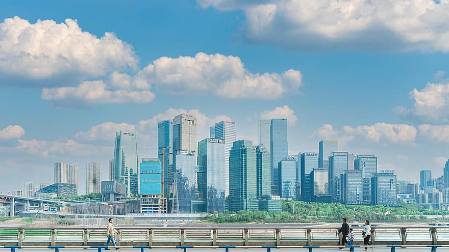 edificios, rascacielos, peatones, urbano, ciudad, Chongqing