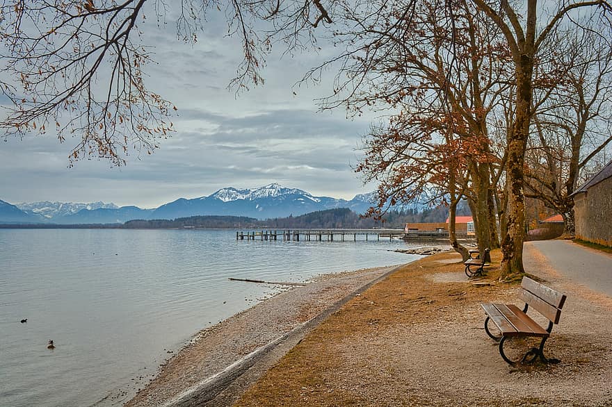 Lake, Chiemsee, Bench, Landscape, Chiemgau, Mountains, Nature, Trees, Outlook, Web, Boardwalk
