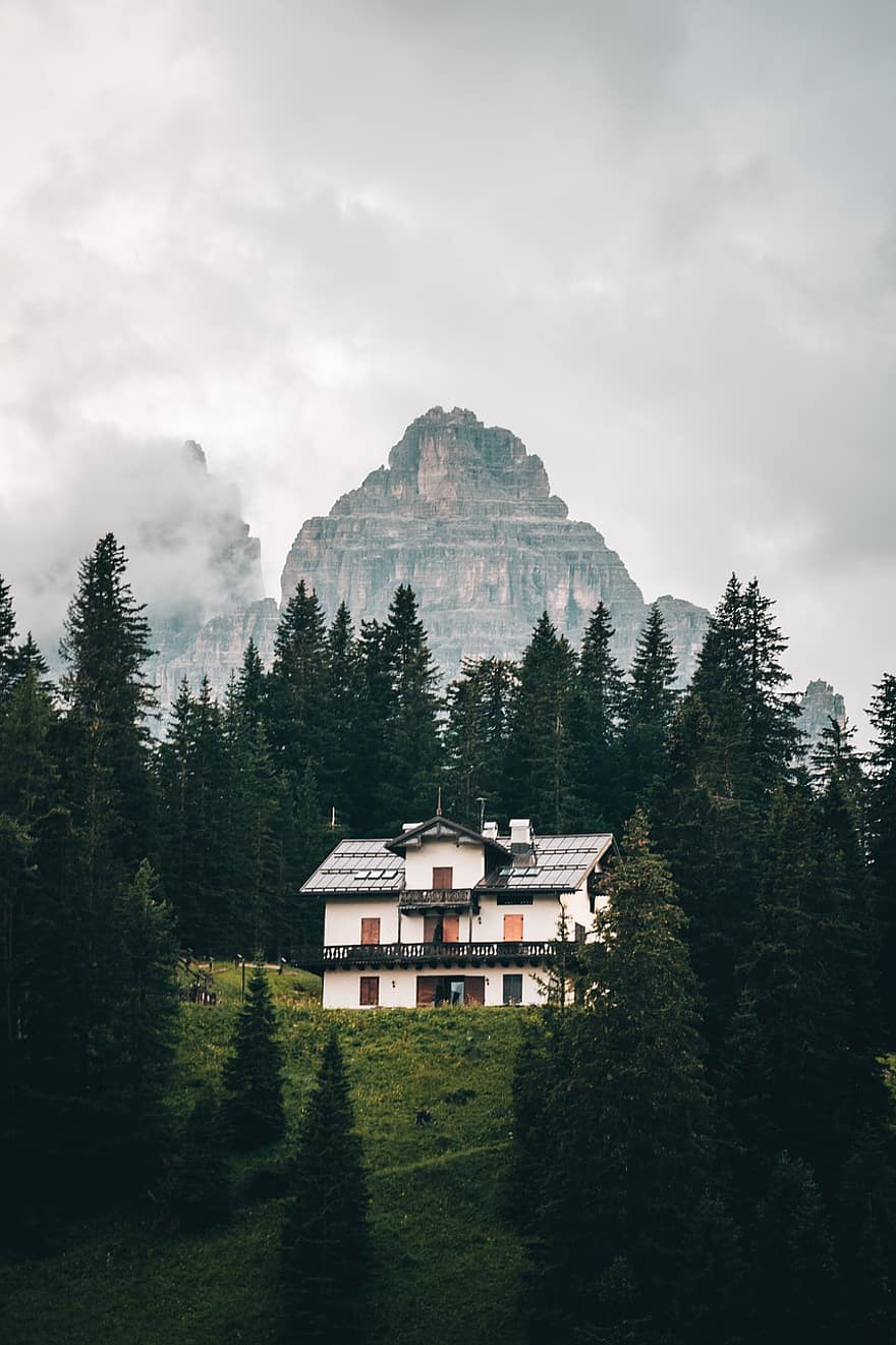 house, nature, countryside, mountain, landscape, forest, rural scene, tree, grass, mountain peak, dolomites
