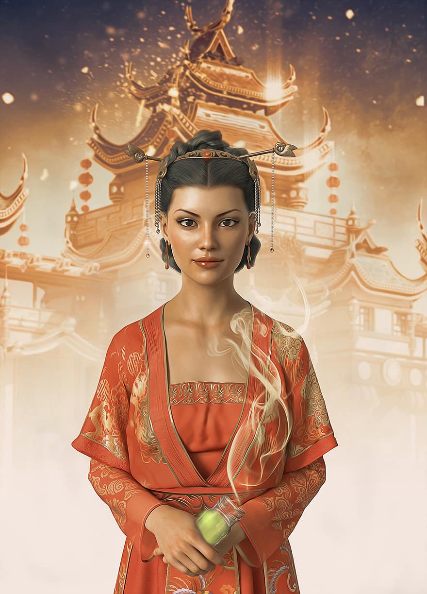đàn bà, con gái, trẻ, trang điểm, kimono, ngôi đền, Khói, tưởng tượng