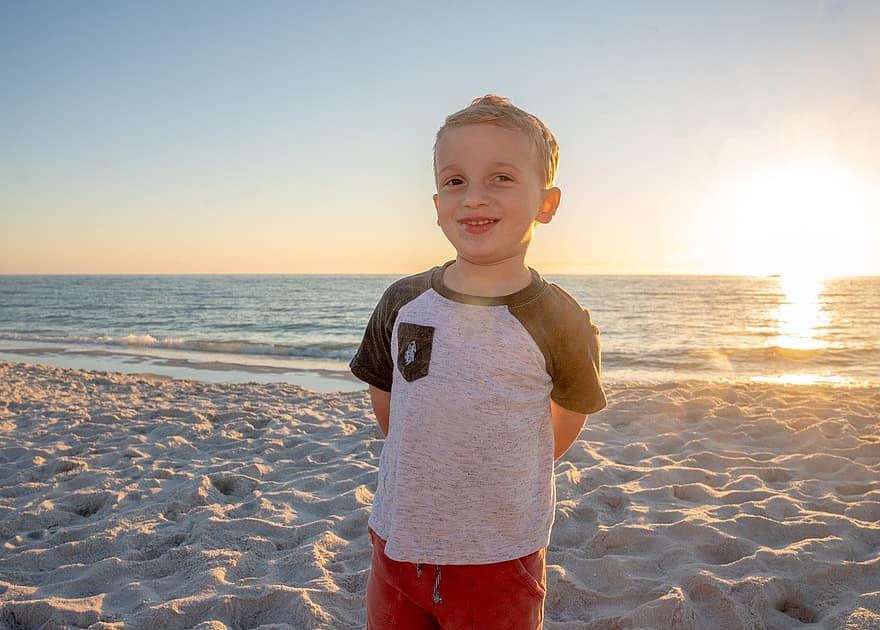 Child, Boy, Beach, Sunset, Portrait, Kid, Smile, Happy, Vacation, Sea, Nature