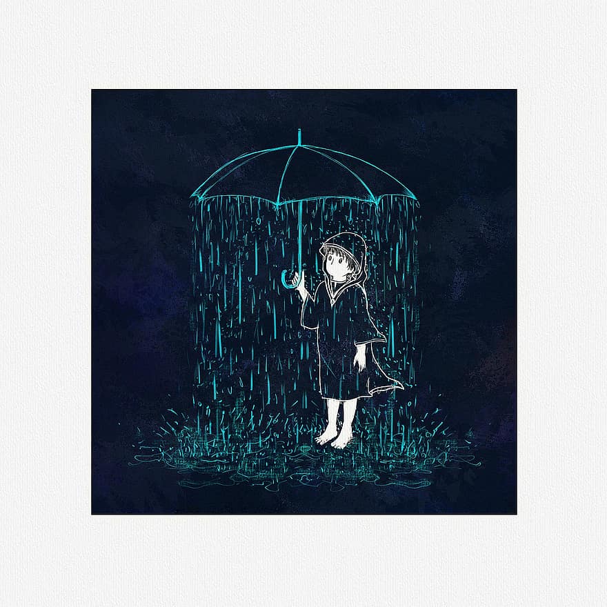 fantázia, tündérmese, esős nap, eső, esernyő, szív, lány, esőkabát, zuhany