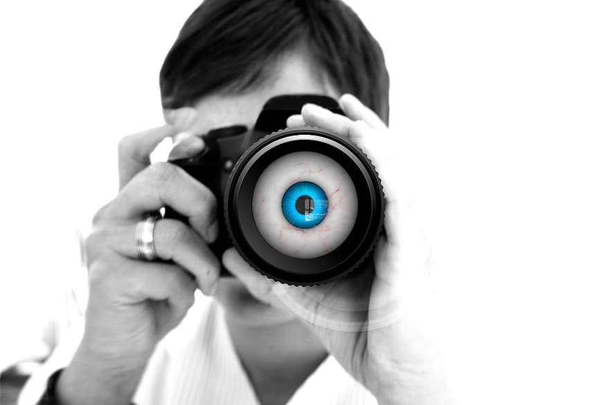 Fotografas, akis, objektyvas, akies obuolys, kamera, nuotrauka, fotografija, įrašymas, fotografuoti, technologijos