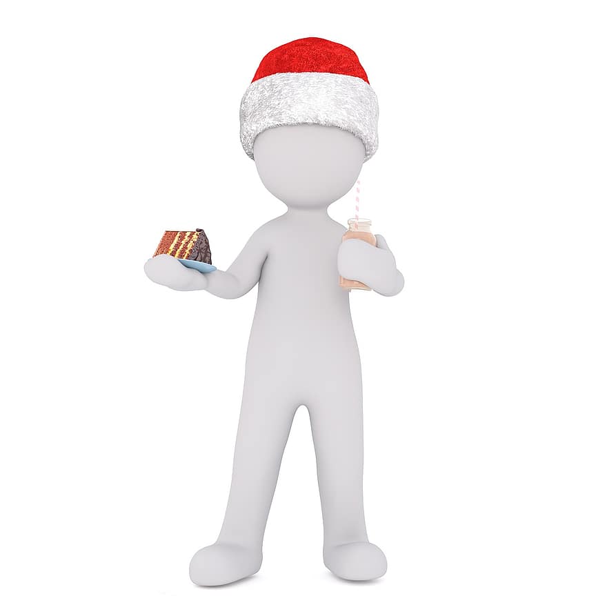 weißer Mann, Weiß, Zahl, isoliert, Weihnachten, 3D-Modell, Ganzkörper, 3d weihnachtsmütze, Essen, Hand, ungesund