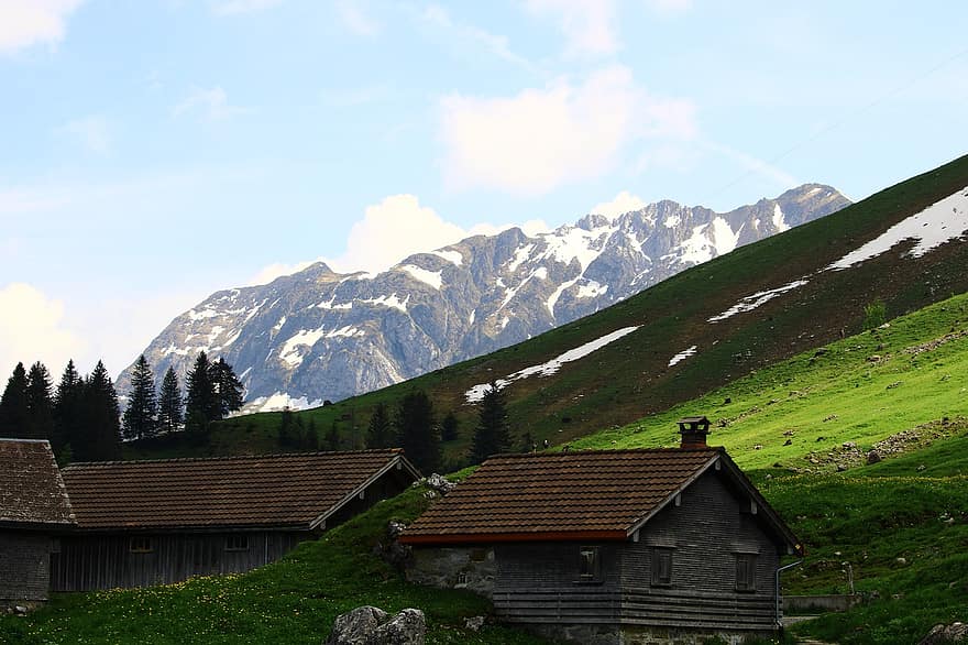 alpin, les montagnes, village, chalet de montagne, cabane, cabine, paysage, chaîne de montagnes, la nature, les dolomites, tyrol du sud