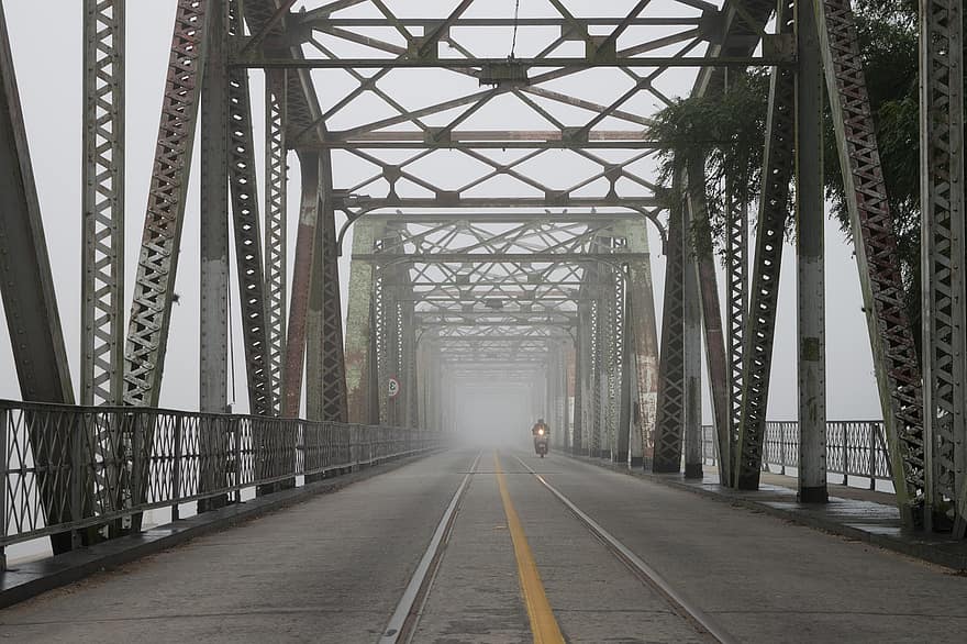 ponte, névoa, estrada, arquitetura, manhã, nebuloso, agua