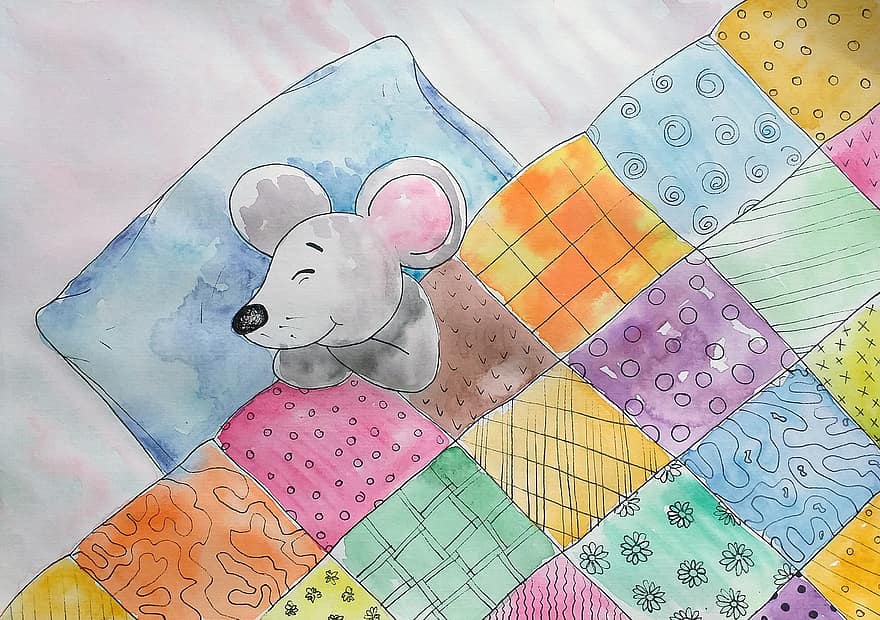 쥐, 꿈, 자다, 침대, 담요, 베개, 수채화, 역사, 그림 물감, 수제 그래픽, 전통 문양