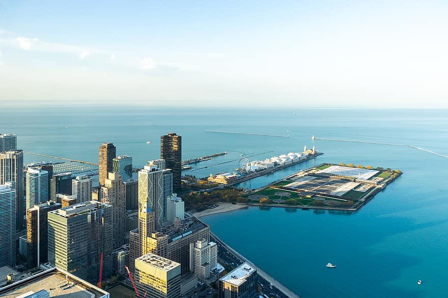 chi Chicago, thành phố, những tòa nhà chọc trời, các tòa nhà, illinois, Hoa Kỳ, ngành kiến ​​trúc, Đang chuyển hàng, Nước, bến tàu thương mại, nhìn từ trên không