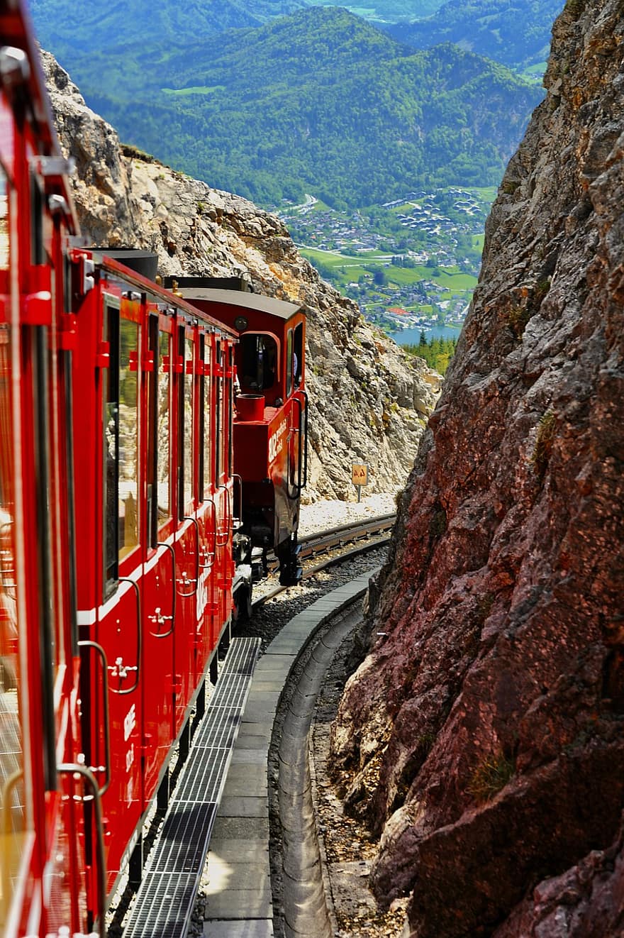 trem, viagem, natureza, aventura, ao ar livre, transporte, Áustria, schafbergbahn, montanhas, Alpes, Ferrovia
