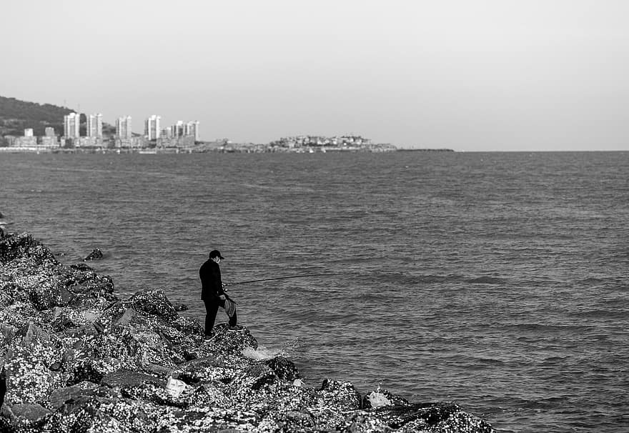 pescar, ciudad, Oceano, negro, naturaleza, rock, mar, hombre, sombra, hombres, agua