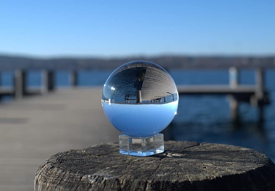 lensball, molhe, lago, reflexão, bola de vidro, bola de cristal, agua, natureza, esfera, azul, vidro