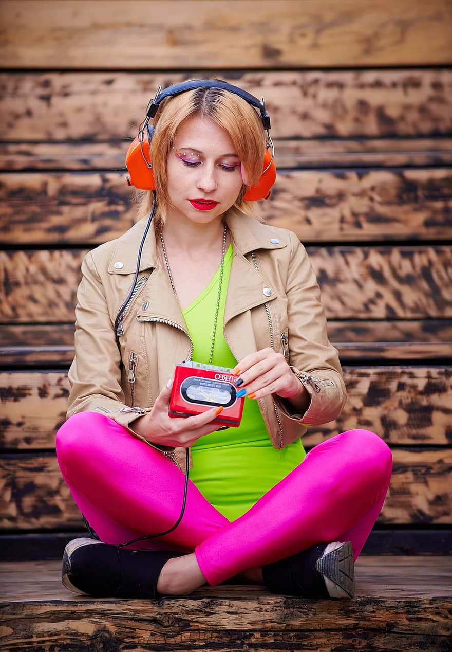 Woman, Model, Walkman, Headset, Headphones, Cassette, Audio Tape, Music, Player, 80s, Audio