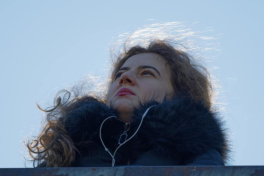 Woman, Earphones, Sky, Looking Up, Portrait, women, one person, young adult, adult, winter, beauty