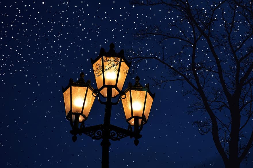 램프 포스트, 밤, 별이 빛나는 하늘, 별, 가로등, 촛대 가로등, 조명, 밤하늘, 나무, 실루엣