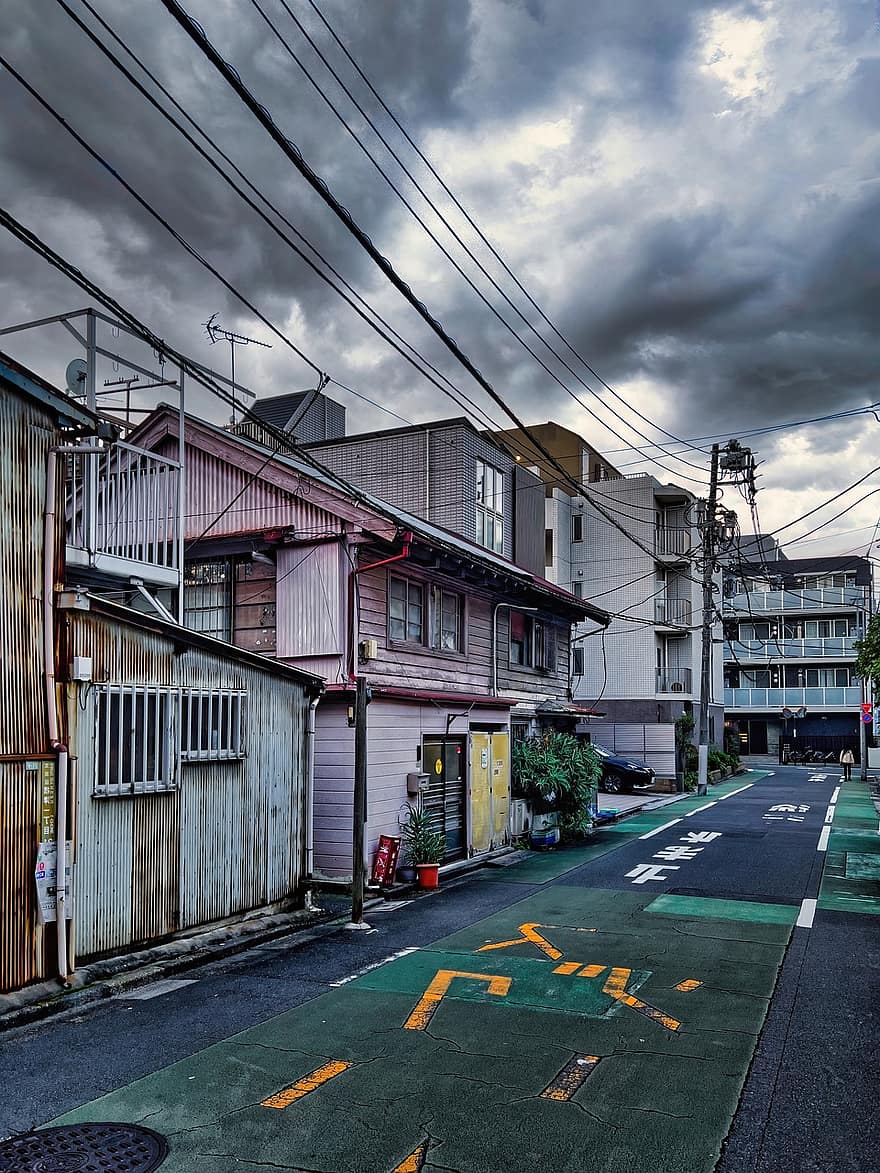 miejski, architektura, ulica, chodnik, Tokio, Japonia, burzowe chmury