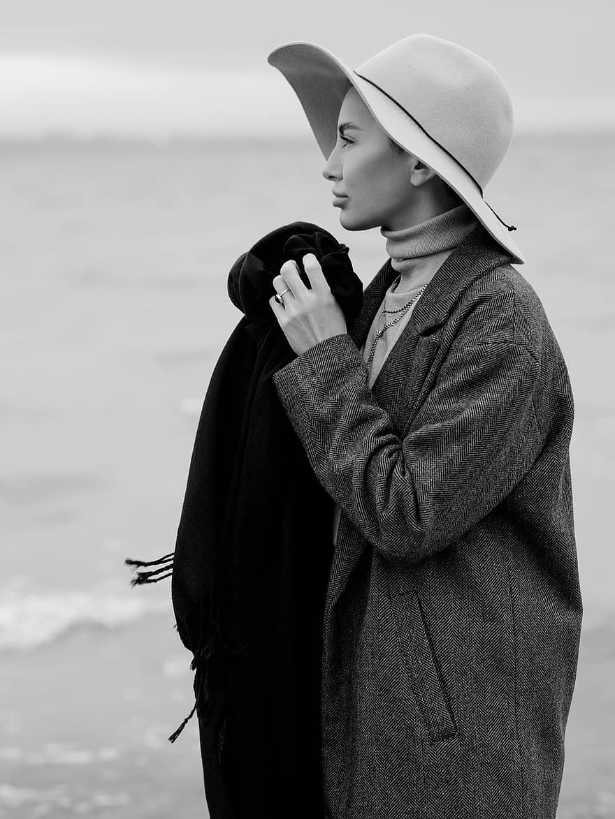 Kadın, model, plaj, şapka, eşarp, ceket, soğuk, gezinti, kız, üzüntü, sonbahar
