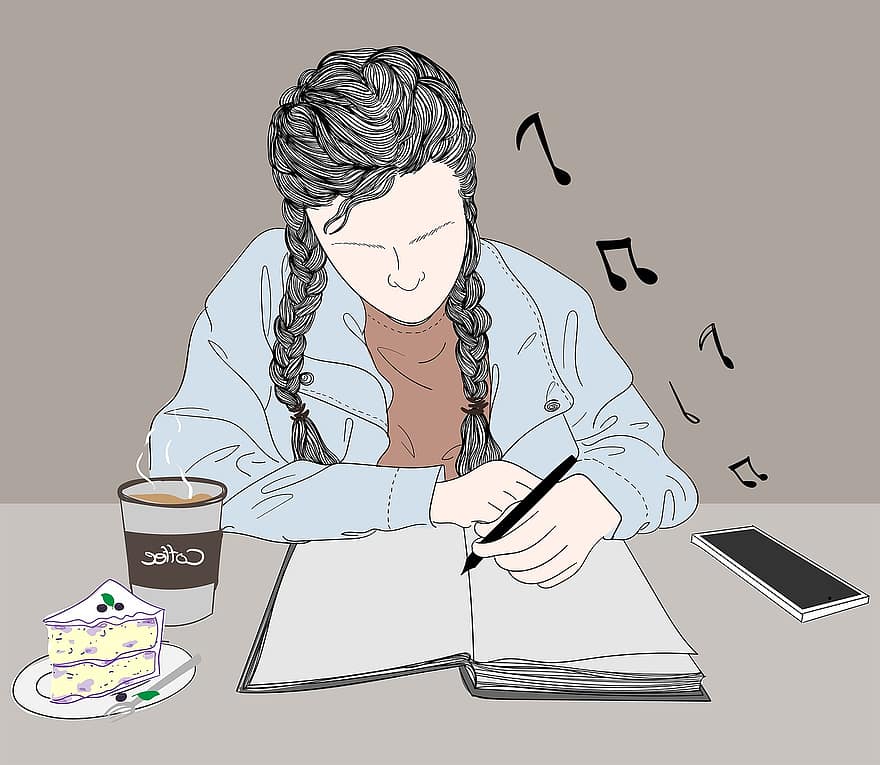 meisje, schrift, werkend, vrouw, koffie, cake, muziek-, naar muziek aan het luisteren, persoon, werk, cafe