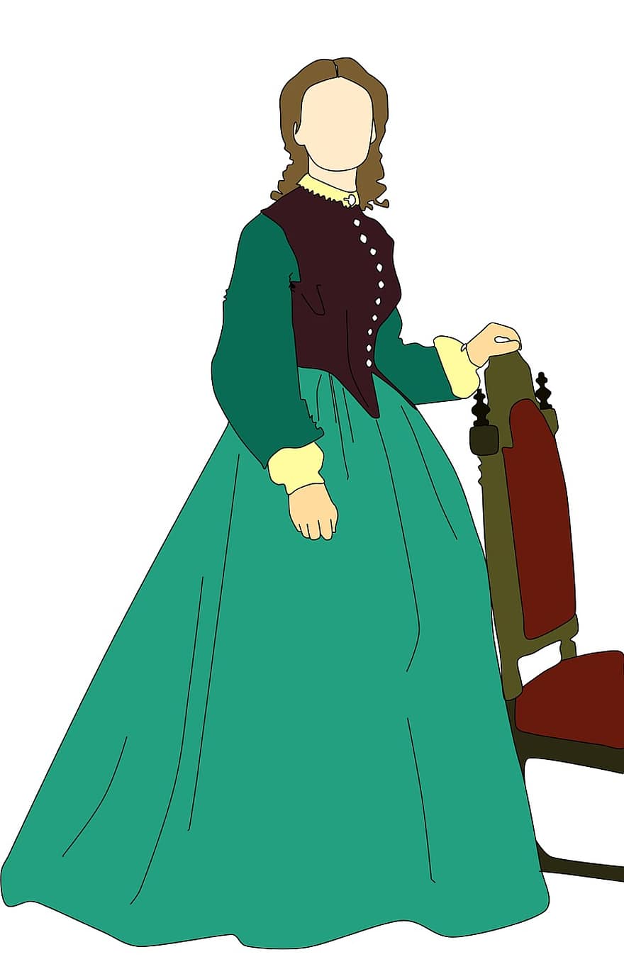 ビクトリア朝の女性、ドレス、緑