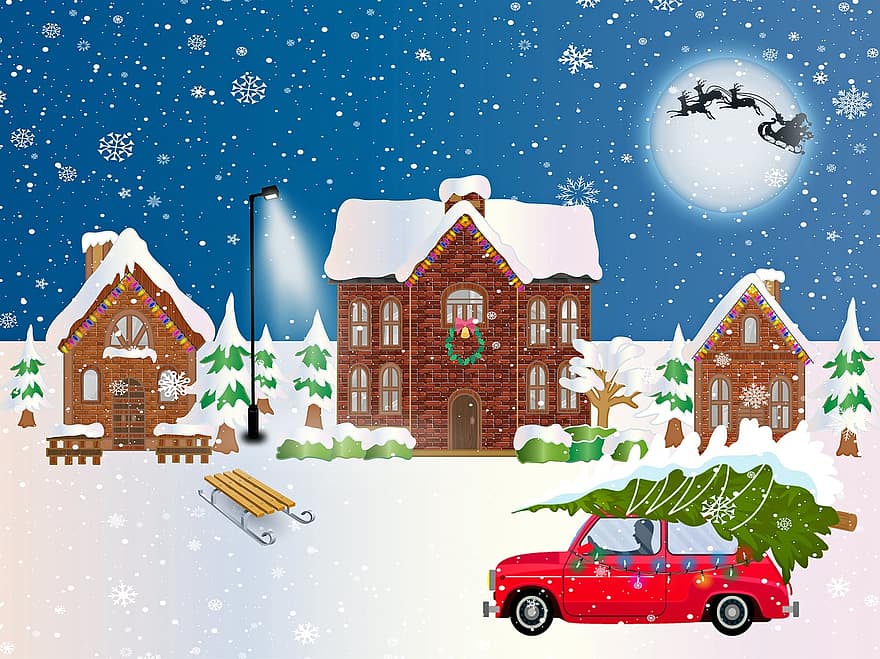 Kalėdų kaimas, žiemą, kalėdinis automobilis, rogės, Kalėdų Senelis, mėnulis, Kalėdos, kaimas, sniegas, medis, kraštovaizdį