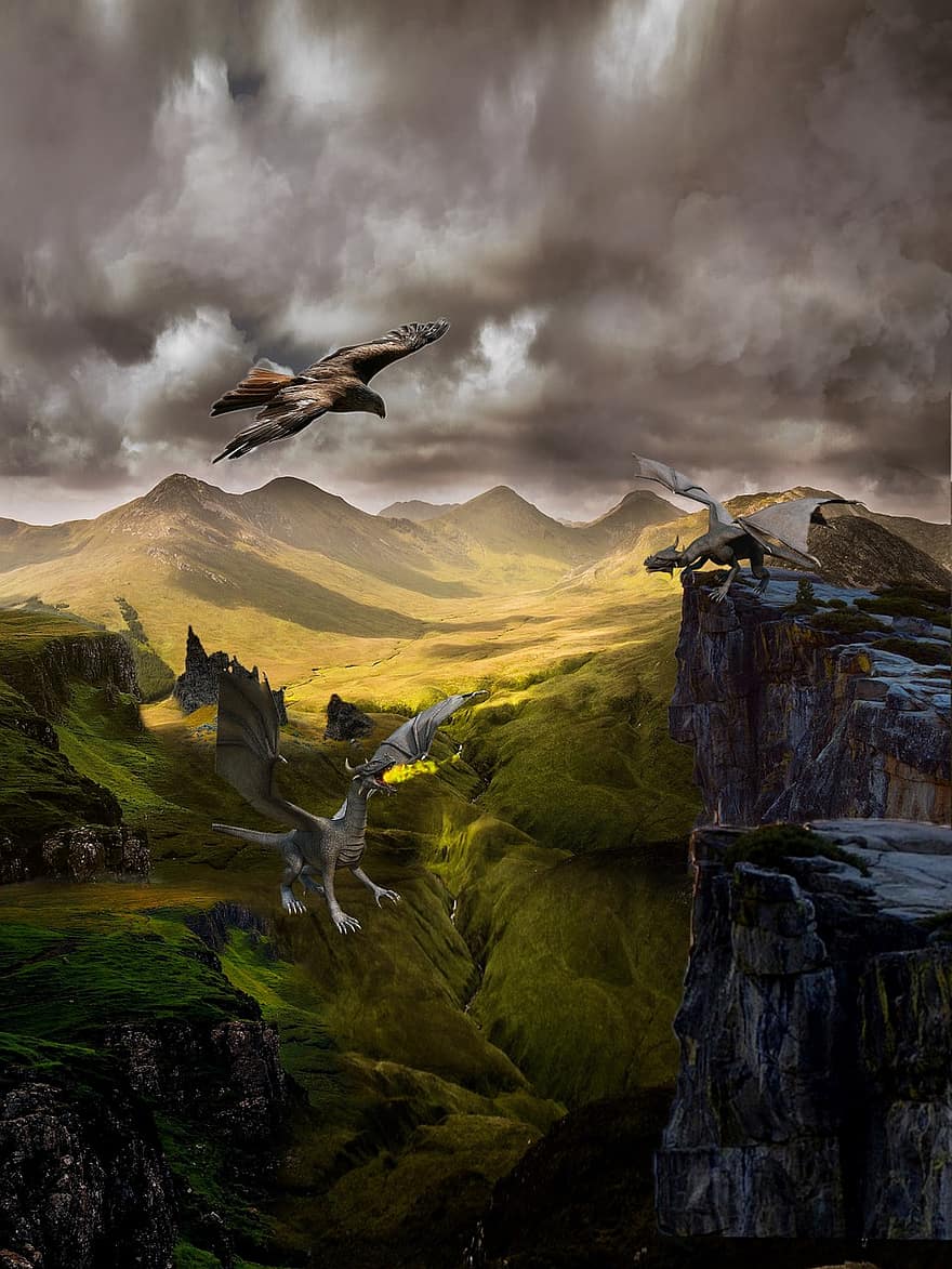 titans, dracs, muntanyes, cel, volant, bosc, dom, drac de respiració de foc, paisatge, ombra, història