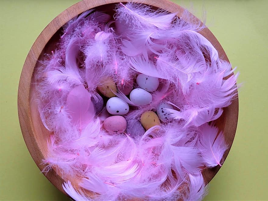 Gefieder, rosa Federn, Farbige Eier, Ostern, Nahansicht, Feder, Hintergründe, mehrfarbig, Dekoration, pinke Farbe, Muster