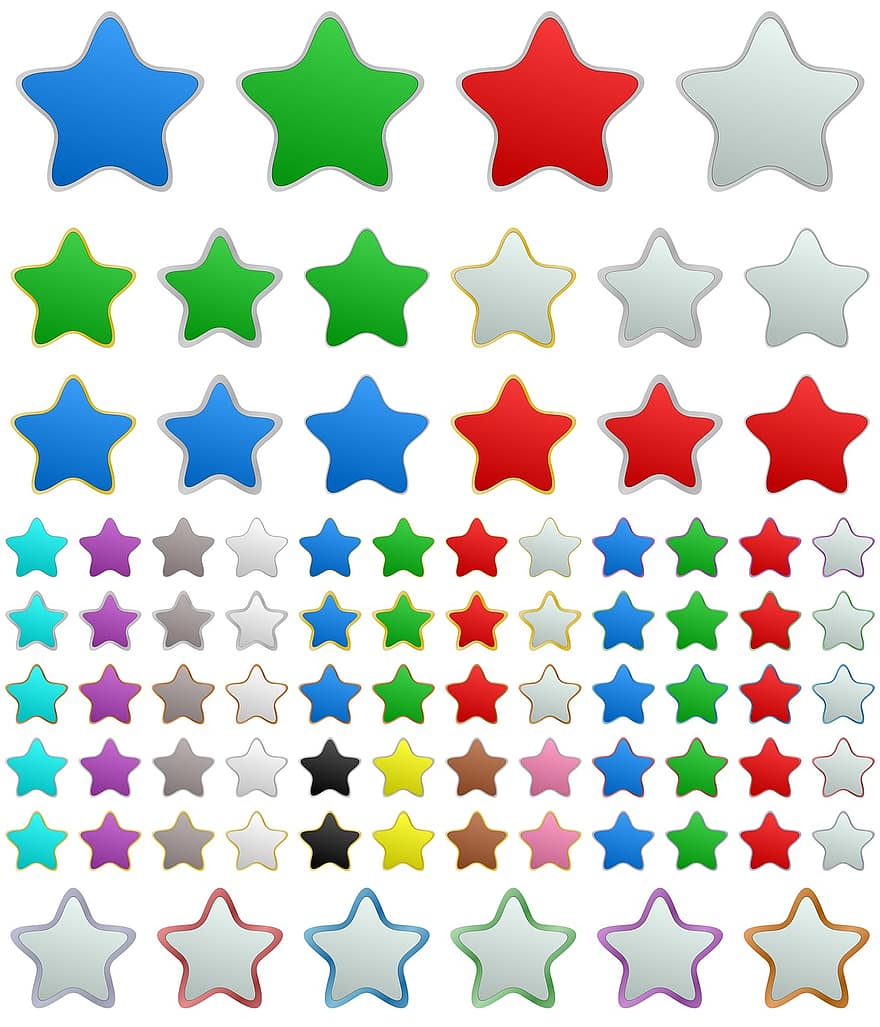 Botón estrella, metálico, metal, botón, conjunto, estrella, plata, cromo, botón plateado, empujar, blanco
