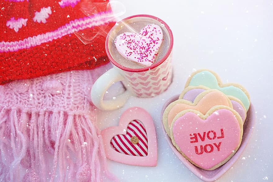 La Saint Valentin, amour, romance, tasse, Valentin, cœurs, chocolat chaud, neige