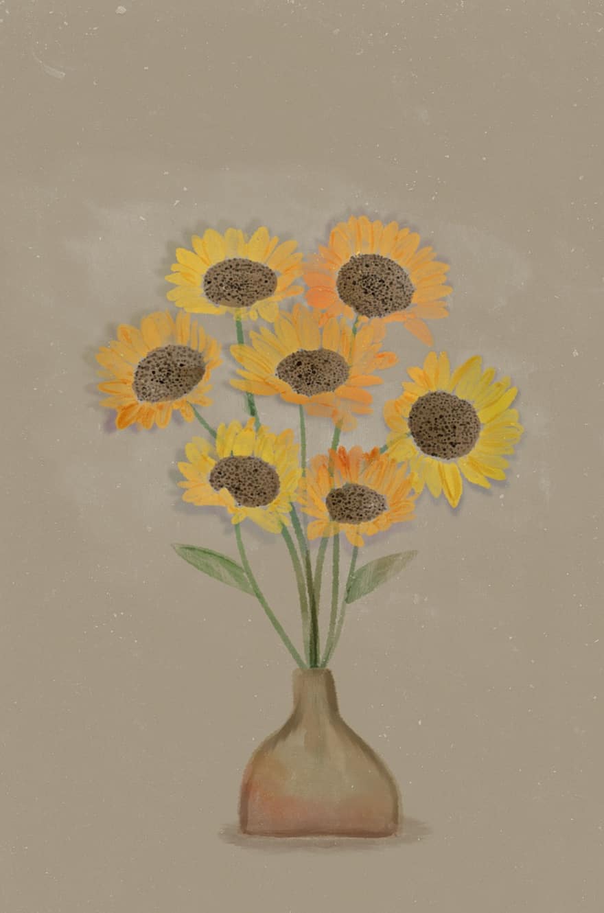 solsikker, blomster vase, dekoration, tegning, skitse