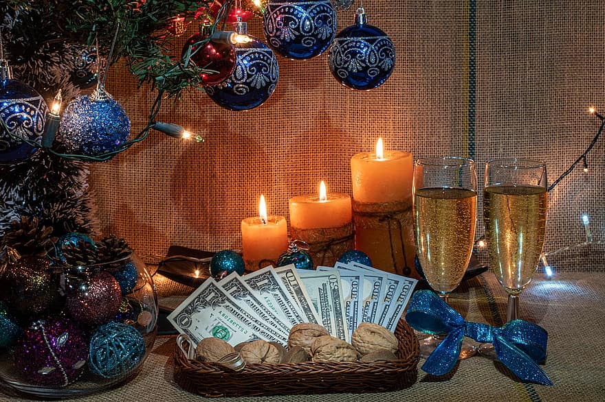Natal, feriado, temporada, tema, dólares, luzes, velas, guirlandas, torrada, álcool, champanhe