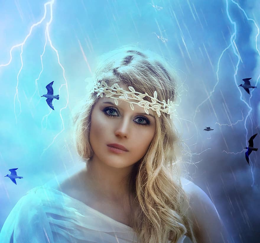 gudinna, regn, blixt-, storm, kvinna, lady, prinsessa, blond, måsar, fåglar, väder