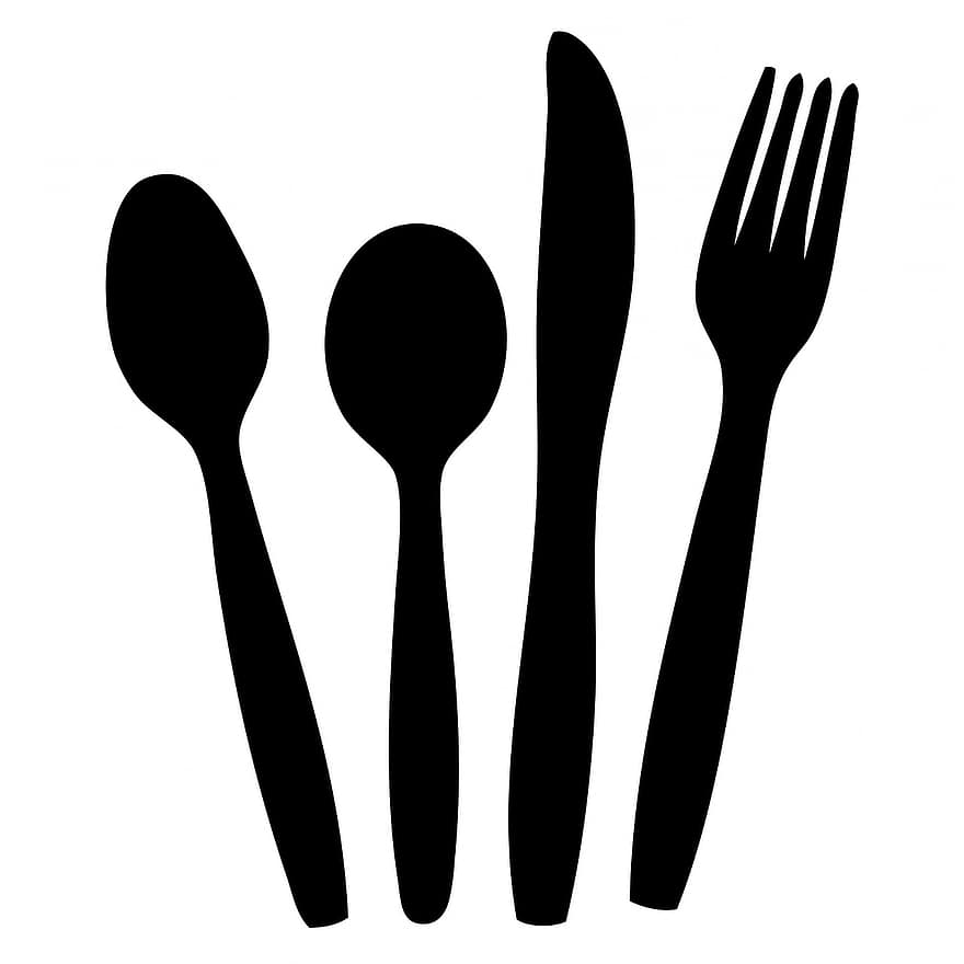 столові прилади, ніж, вилка, ложка, чорний, силует, мистецтво, логотип
