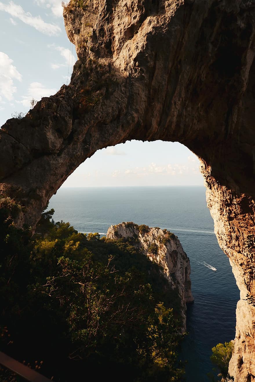 Italien, Middelhavet, naturlig bue, hav, natur, klint, kystlinje, klippe, landskab, vand, sommer