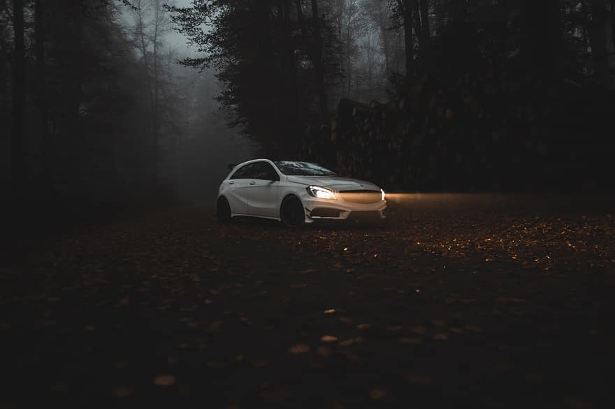 Car, Lights, Mercedes, A45, A45amg, speed, transportation, land vehicle, forest, driving, mode of transport