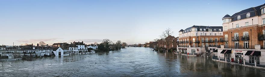река, панорамен, наводнение, Стейнс, 2014, подут, вода, силует