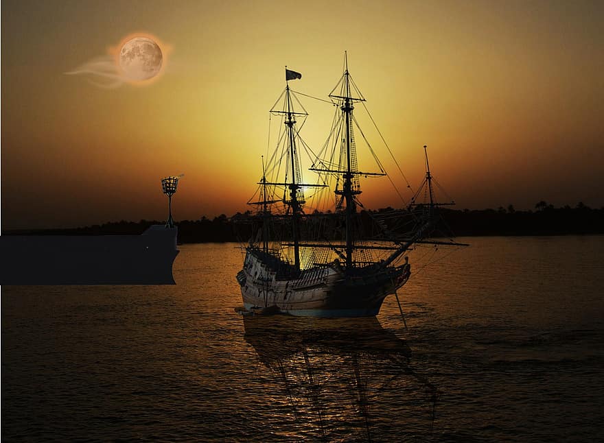 statek piracki, galeon, łódź, port, woda, statek morski, zachód słońca, żaglówka, zmierzch, statek żaglowy, Żeglarstwo