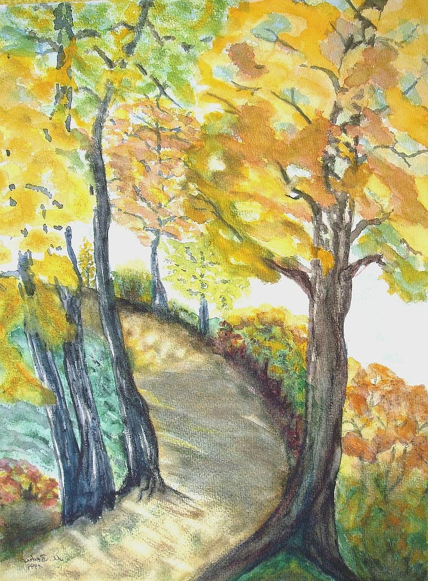 дървета, път, далеч, есен, цветен, живопис, изображение, изкуство, боя, цвят, артистично