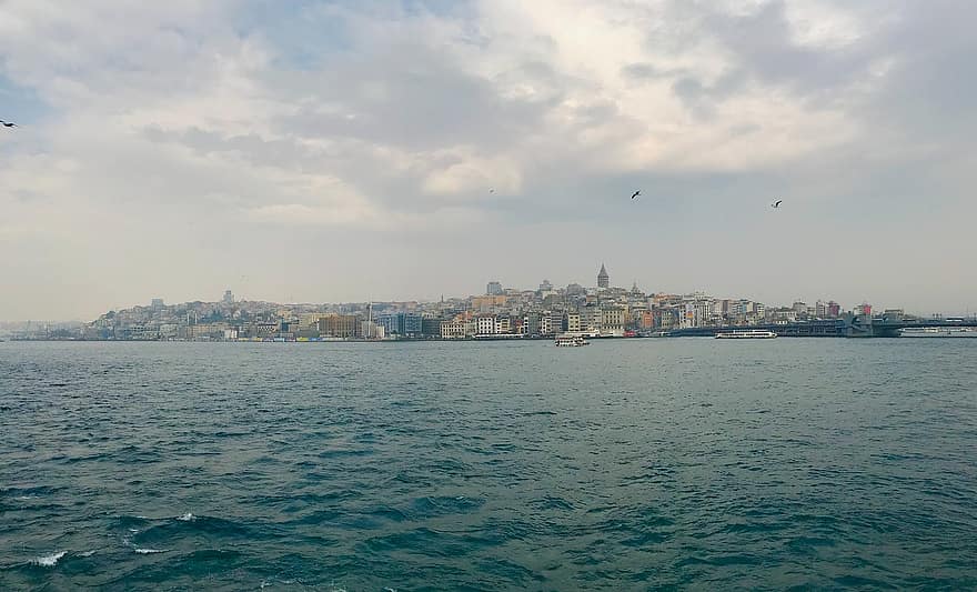 okyanus, tekneler, Kent, sahil, kuşlar, binalar, kule, İstanbul, galata, Türkiye, gökyüzü