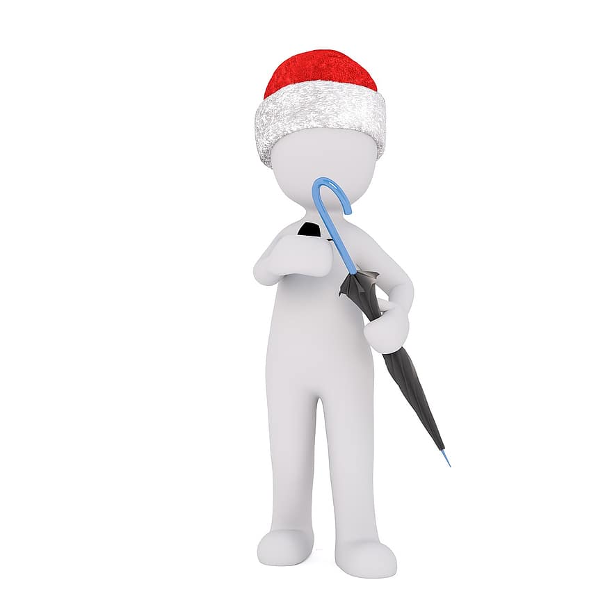 biały samiec, Model 3D, całe ciało, 3d, biały, odosobniony, Boże Narodzenie, czapka Mikołaja, ekran, deszcz, parasol