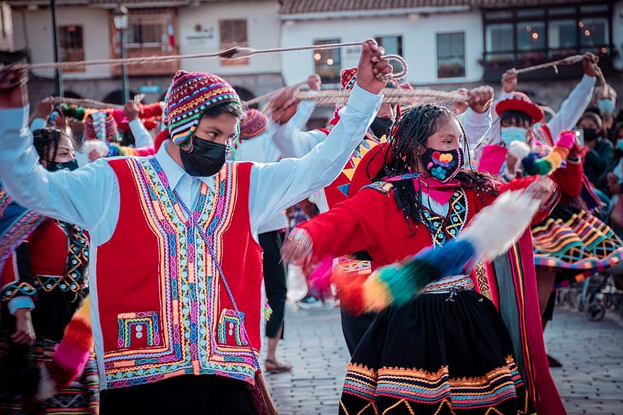 Cusco, Peru, dans, Inti Raymi, traditionel, kultur, kostume, dansere, mennesker, ansigtsmaske, parti