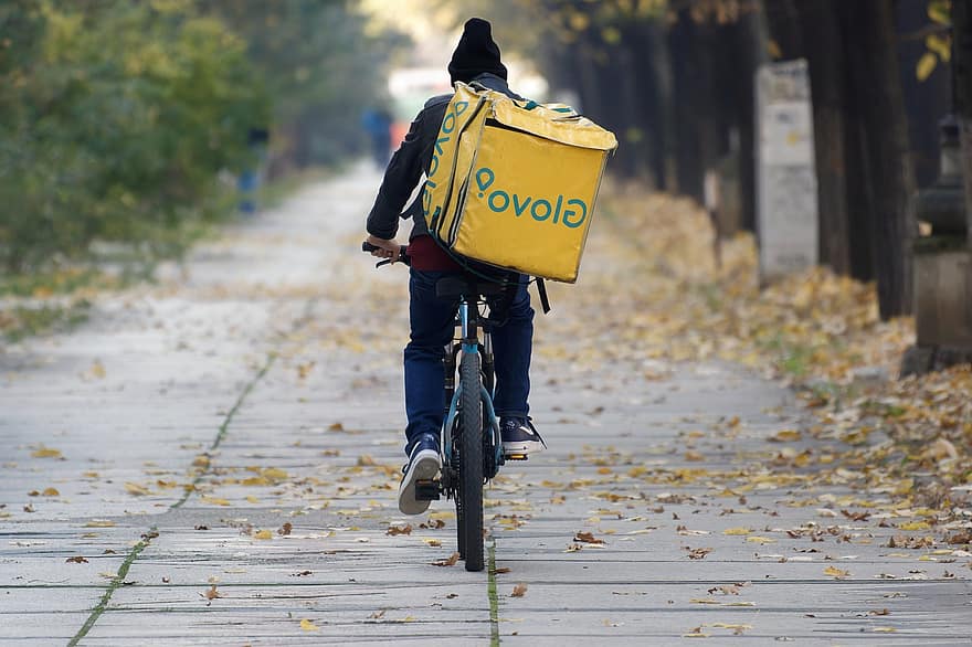 correio, entregador, serviço de entrega, Andar de bicicleta, outono, urbano