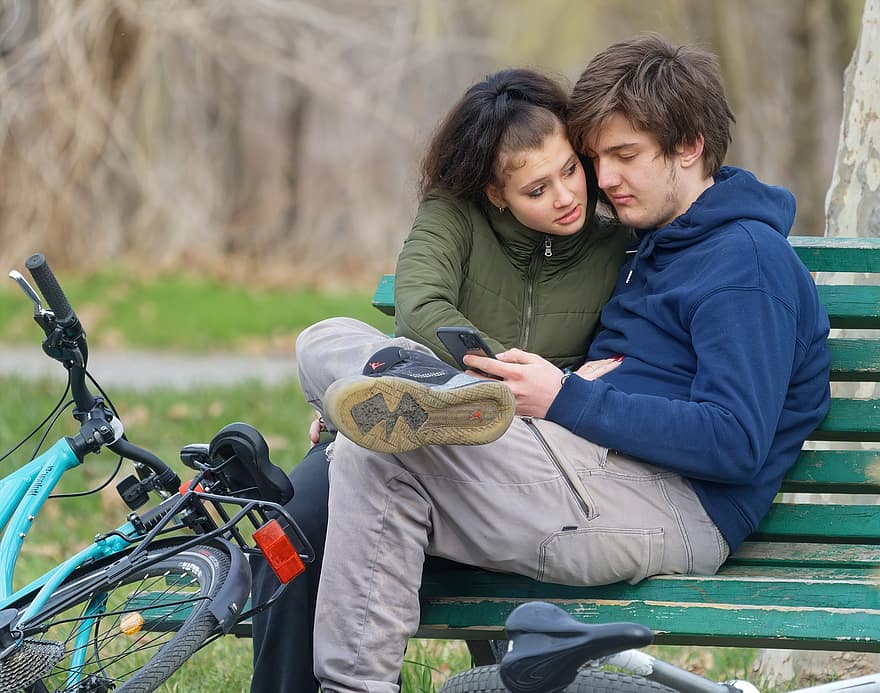 Couple, Young, Care, Bench, Relaxation, Bicycle, Park, lifestyles, men, two, people