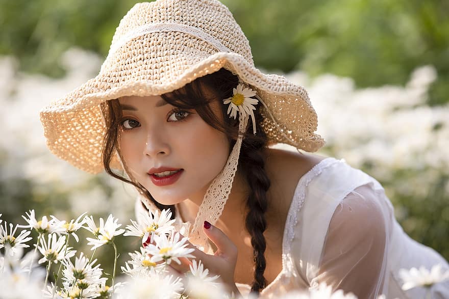 femme, modèle, fleurs, chrysanthèmes, Jeune, chapeau, épanouissement