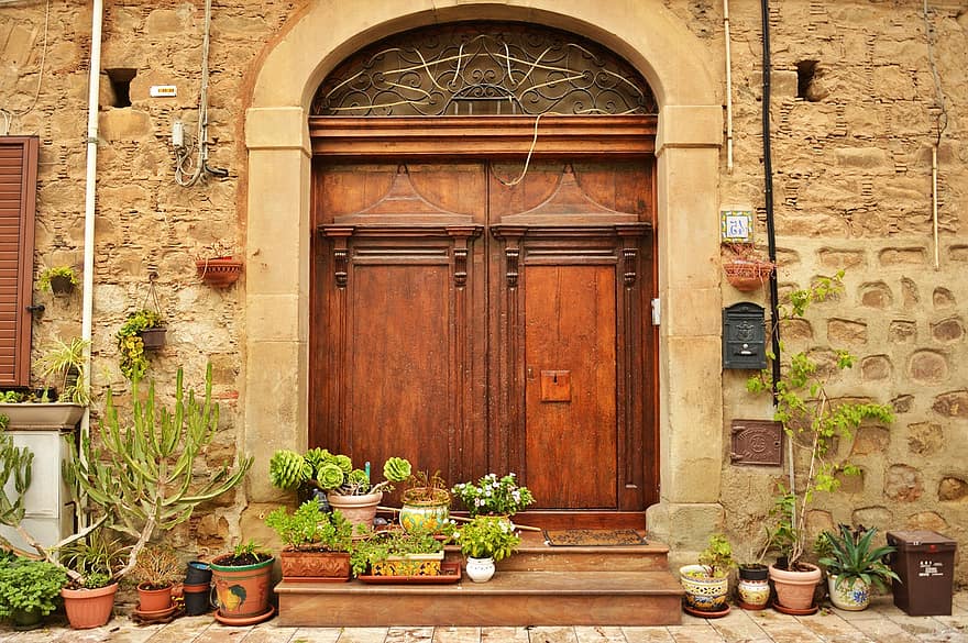 врата, фасада, къща, саксии, вход, дървена врата, сграда, архитектура, квартира, цветя, Сицилия