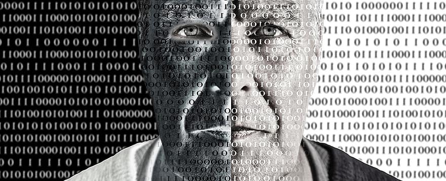 binārs, kodu, cilvēks, sejas, skats, digitalizāciju, null, vienu, Viens, maksāt, internetā