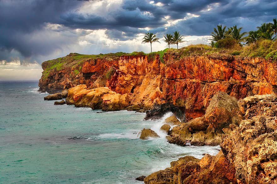 klippor, hav, kust, vågor, röd klippa, stenar, vatten, kustlinje, havsstrand, natur, marinmålning
