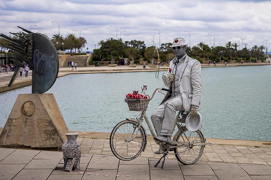bicicleta, copas, ciclismo, gente, transporte, Palma de Mallorca, mar, hombre, blanco, estatua humana, especial