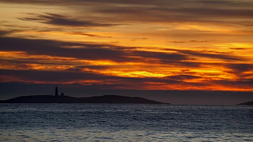Sunrise, Sea, Island, Sambro Island, Lighthouse, Silhouette, Dawn, Waves, Horizon, Ocean, Water