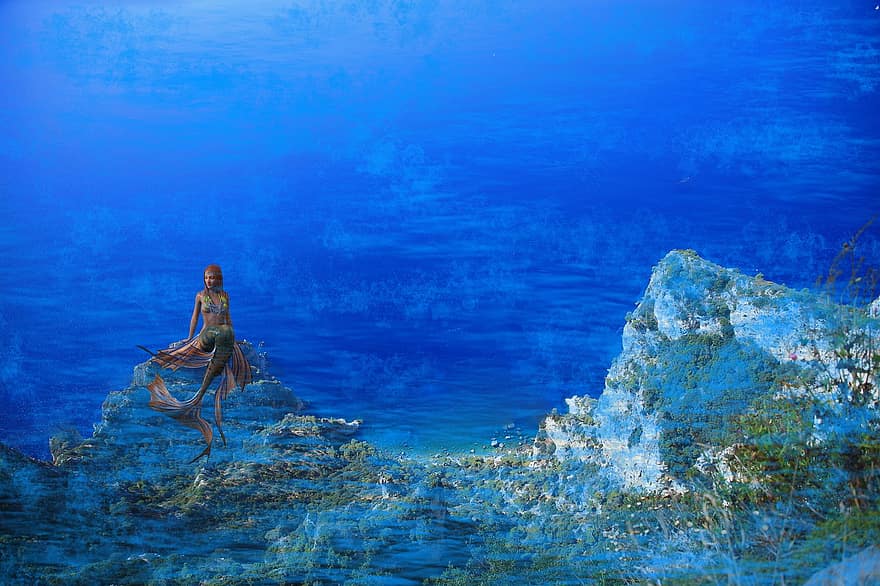 meermin, fantasie, onderwater-, zee, achtergrond, rotsen, oceaan, blauw, vrouw, water, avontuur